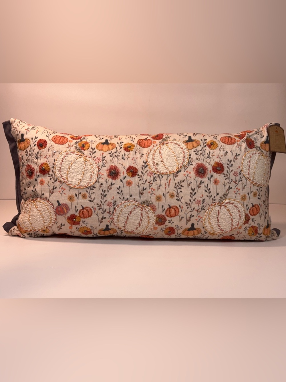 Embroidered Pumpkin Lumbar Pillow - Cream & Orange